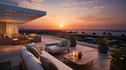 Fototapeta premium Depict the rooftop of a modern villa as the perfect vantage point for witnessing breathtaking sunsets that paint the sky in vibrant hues