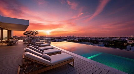 Fototapeta premium Depict the rooftop of a modern villa as the perfect vantage point for witnessing breathtaking sunsets that paint the sky in vibrant hues