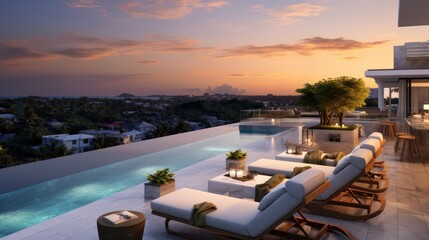 Fototapeta premium Depict the rooftop of a modern villa as the perfect vantage point for witnessing breathtaking sunsets that paint the sky in vibrant hues