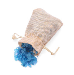 Bag with blue sea salt isolated on white, top view