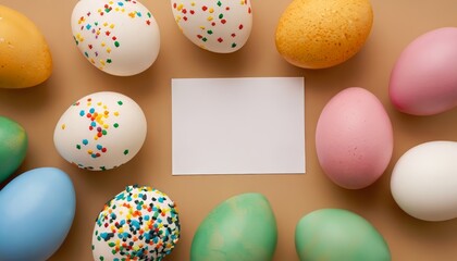 Fototapeta na wymiar Top view of colorful Easter eggs frame on beige background with empty white card for text