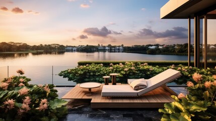 Fototapeta premium Envision the villa's rooftop view of a tranquil lake, its waters reflecting the sky, surrounded by lush greenery and the peaceful ambiance
