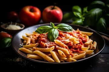 Pasta with tomato sauce and basil leaves. Generative AI