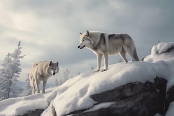 Two wolves on snowy rock in north american wilderness, one arctic and one gray. 3D rendering. Generative AI