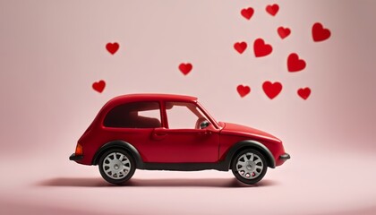Profile side view of stylish red toy car with little hearts around on pink background with copy space