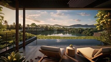 Fototapeta premium Envision the villa's rooftop view of a tranquil lake, its waters reflecting the sky, surrounded by lush greenery and the peaceful ambiance