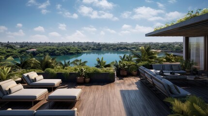 Obraz premium Envision the villa's rooftop view of a tranquil lake, its waters reflecting the sky, surrounded by lush greenery and the peaceful ambiance