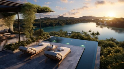Fototapeta premium Envision the villa's rooftop view of a tranquil lake, its waters reflecting the sky, surrounded by lush greenery and the peaceful ambiance