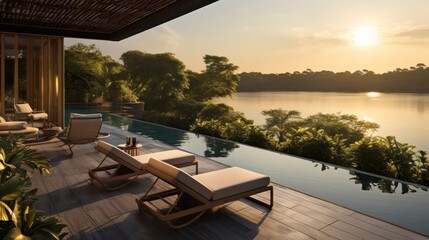 Envision the villa's rooftop view of a tranquil lake, its waters reflecting the sky, surrounded by lush greenery and the peaceful ambiance