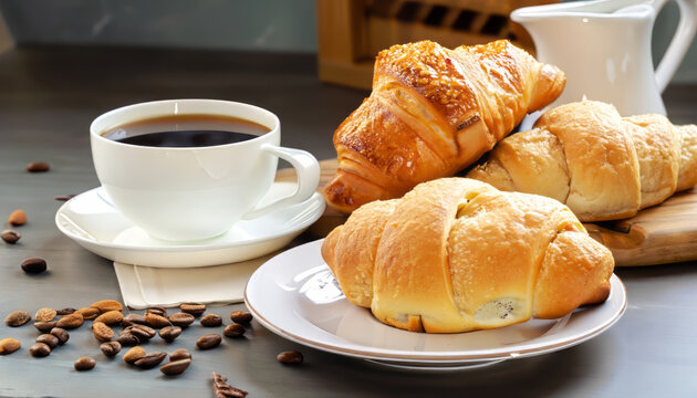 Breakfast is served with coffee and croissants. Balanced diet