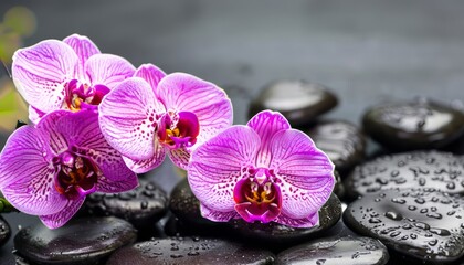 Black spa stones of lilac orchid with water drops