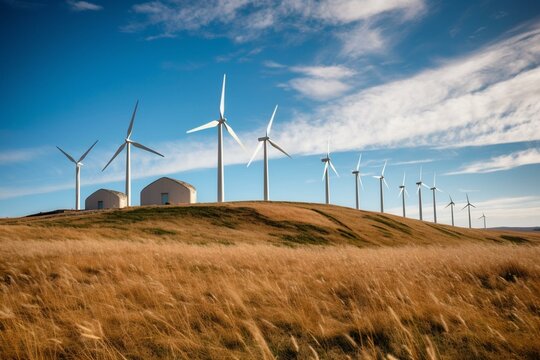 An image of a group of wind turbines in a countryside university campus. Generative AI