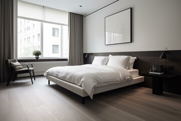 A minimalist and contemporary bedroom featuring smooth edges and uncomplicated furnishings. Generative AI