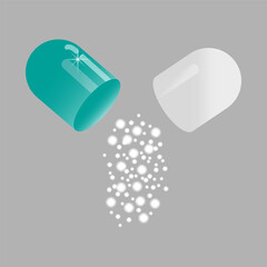 Green open capsule without inscription. Opened tablet with powder. Health pill. Vector illustration. EPS 10.