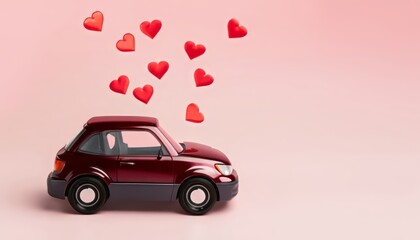 Side profile close-up view of mini car and small hearts isolated on pink background with copy space