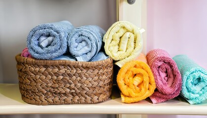 Obraz na płótnie Canvas Colorful towels with a wicker basket on the shelf of rack background