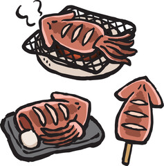 イカの姿焼き　串・お皿・網焼きのイラスト