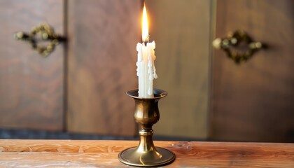 Close-up of burning old candle with a vintage brass candlestick on wooden background in minimalist room interior