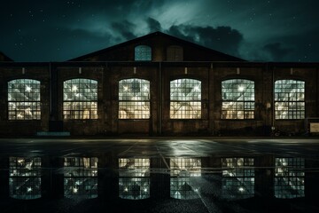 A warehouse with night sky seen through windows. Generative AI