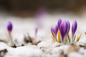 Macro tilt-shift, early spring, purple crocus emerges from snowfield. Generative AI