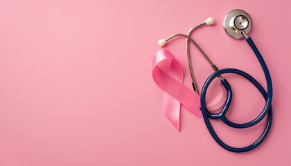 Breast cancer prevention concept. Top view of pink silk ribbon and stethoscope on pink background with copy space