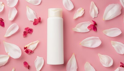Top view of a white cream bottle lying in flower petals isolated pink background with copy space