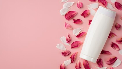 Top view of a white cream bottle lying in flower petals isolated pink background with copy space