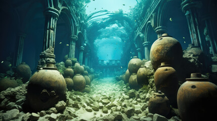 Discovering the Mysteries Below: Exploring Underwater Historic Ruins in a Submerged World of Forgotten Treasures - obrazy, fototapety, plakaty