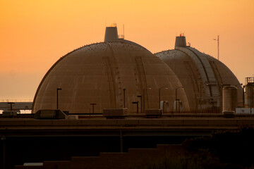 Fototapeta na wymiar San Onofre nuclear power plant main reactors at sunset