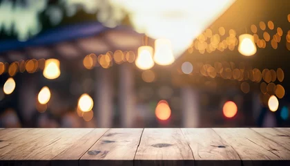 Foto op Canvas Empty wooden product stage and bokeh lights blurred the outdoor cafe background © Loliruri