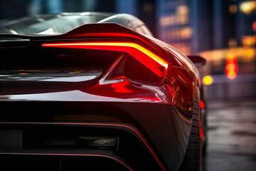 Back bumper and back lights of a sport car. Taillight of a car in the night, the back led light of a car on the road. - obrazy, fototapety, plakaty