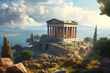 Scenic view of ancient Greek temple ruins. Generative AI