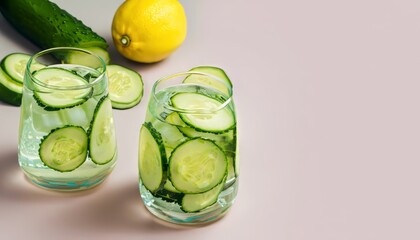 Cucumber detox water, lemon slices with pastel background