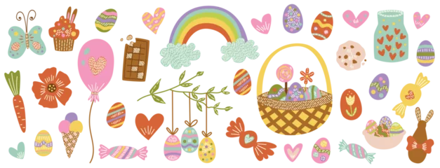 Foto op Plexiglas isolated vector easter elements, easter eggs, spring flowers, easter basket, carrot, chocolate bunny, rainbow, childish spring cartoon clipart, kids newborn nursery decor spring birthday baby shower © chloes_illustrations