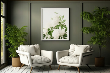 Within a modern minimalist room's interior, an elegant frame mockup is tastefully mounted on the wall, generative AI