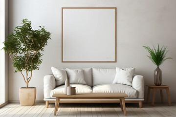 Within a modern minimalist room's interior, an elegant frame mockup is tastefully mounted on the wall, generative AI