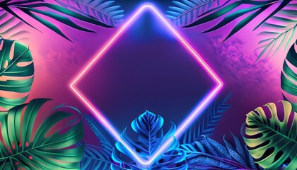 Neon light summer background with tropical leaves - obrazy, fototapety, plakaty