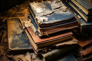 Obraz premium Old Books Damaged by Humidity in a Neglected Library. generative AI