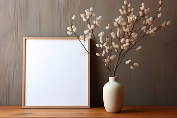 Within a modern minimalist room's interior, an elegant frame mockup is tastefully mounted on the wall, generative AI