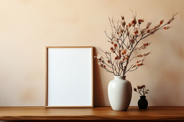 Within a modern minimalist room's interior, an elegant frame mockup is tastefully mounted on the wall, generative AI