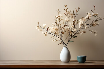 vase with flowers in a room with minimalist design, generative AI