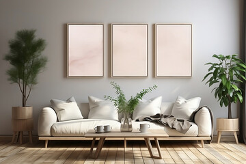 3 paintings on the wall, minimalist, elegant and luxurious architecture, generative AI