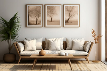 3 paintings on the wall, minimalist, elegant and luxurious architecture, generative AI