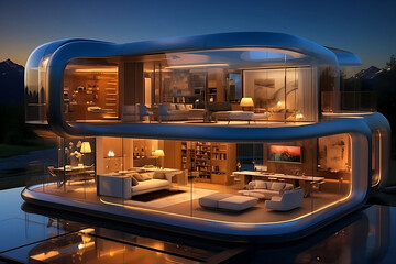 Fototapeta premium Pioneering Future Smart Home: A futuristic residential space where cutting-edge technology effortlessly blends into everyday living, generative AI