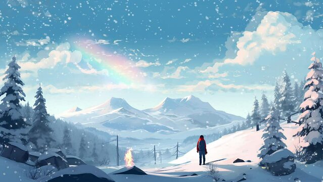 winter landscape with snow and snow covered trees. a person standing alone. Mountain background with bright blue sky and rainbow