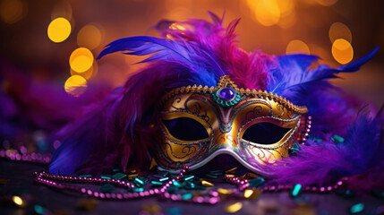 Fototapeta na wymiar Carnival mask with colored feathers on a blurred background