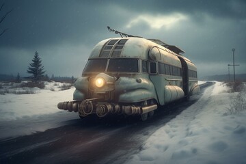 An enigmatic vehicle parked on a desolate wintry highway. Generative AI
