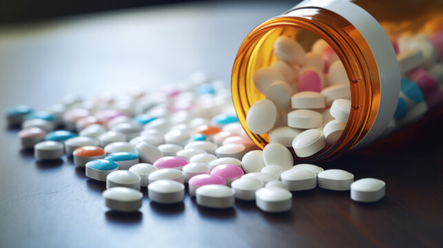 Pills and capsules scattered on a wooden table