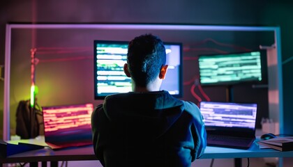 Hacker guy with his hoodie in front of his computer from back view with glowing and dark atmosphere