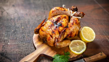 Rolgordijnen Grilled chicken with spice rub and lemon on a cutting board © Loliruri